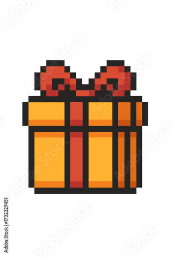 Pixel art gift box icon. Retro 8-bit gaming style present with red ribbon. Surprise bonus reward for video game. Vector for birthday, christmas, holiday celebration. Ecommerce symbol.