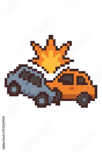 Car crash pixel art icon. 8-bit retro video game sprite of a traffic accident. Two cars in a collision with an explosion. Danger, emergency, road safety, and insurance concept.
