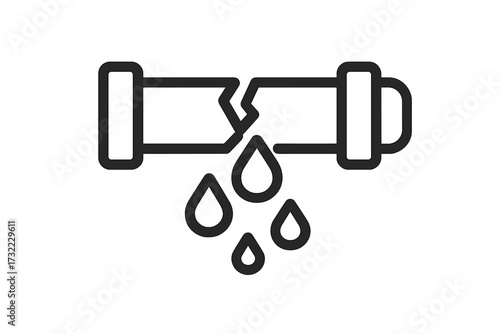 Broken pipe with a water leak line icon. Vector illustration of a burst pipeline with dripping water. Concept for plumbing emergency, damage repair, and water supply failure.