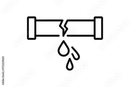 Broken pipe line icon. Water leak and dripping drops. Plumbing problem concept. Water pipe burst symbol. Damaged pipeline pictogram. Plumbing repair service sign. Emergency.