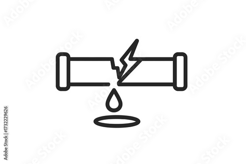 Broken pipe icon water leak vector line symbol. Plumbing problem concept. Burst pipeline leakage pictogram. House damage accident sign. Water drip from broken tube illustration.