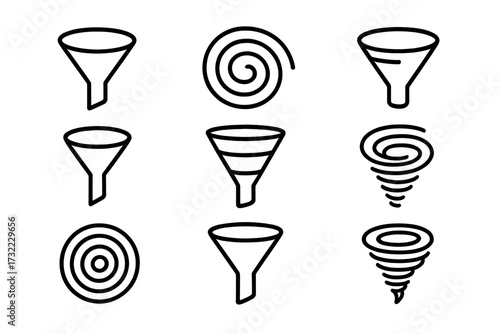 Filter & funnel line icon set. Concepts for data sorting, sales pipeline, lead conversion & marketing funnel. Vector vortex, spiral & tornado icons for web & apps.