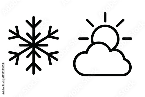 Weather forecast linear icon set with snowflake and sun behind cloud symbols. Winter snow and cold meets sunny day. Simple outline pictogram collection for climate app or web.