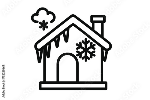 Winter house icon. Frozen home with snow and icicles. Cold weather season symbol. Real estate concept for heating and insulation. Snowy cottage or cabin vector illustration.