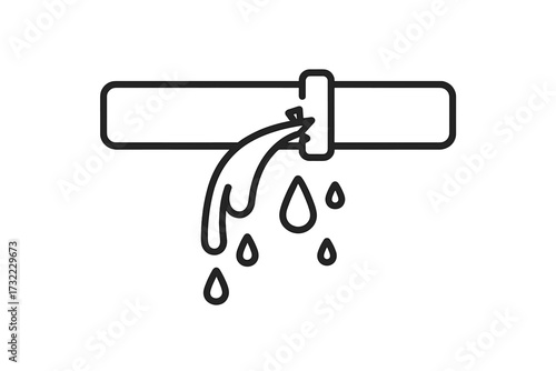 Broken pipe with water leak icon. Plumbing problem symbol. Burst pipeline with dripping water drops. Emergency repair concept. Water damage and leakage illustration. Outline vector.