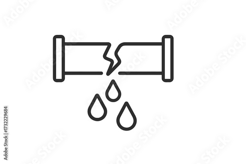Broken pipe water leak icon. Plumbing problem, burst pipe, and leakage concept. Water damage and repair service symbol. Emergency pipeline accident vector pictogram.