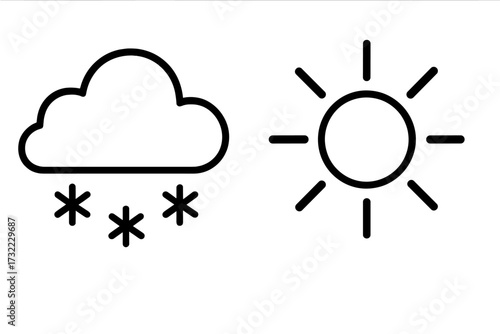 Weather forecast icons set with sun and snowy cloud. Meteorology symbols for sunny and snowy day. Line art vector illustration for web, app, print. Climate change concept.