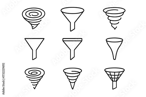Funnel and vortex line icon bundle. Vector signs for data filtering, sorting process, and sales conversion. Outline symbols for web, apps, graphic design, and marketing.