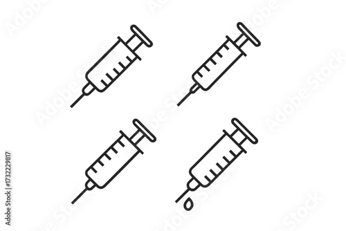 Syringe injection icon set. Medical vaccine symbol for vaccination. Line art pictogram for web design, apps. Healthcare, medicine concept. Needle with dose for treatment.