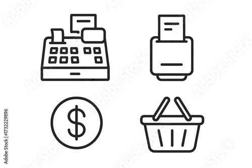Shopping and payment line icon set. Cash register, basket, money coin, and receipt printer pictogram. Editable stroke vector for commerce, retail, finance, and checkout.