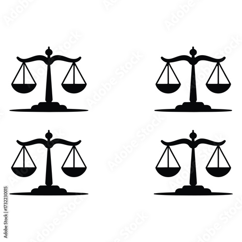 Set of four unbalanced justice scale icons in black silhouette, symbolizing fairness, ethics, and legal judgment on white backgroundPri 