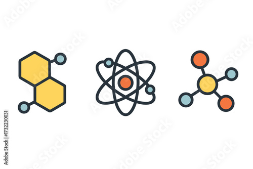 Science icon set with atom, molecule, and chemical compound structure. Flat vector cartoon illustration for chemistry, physics, research, and education graphic design.