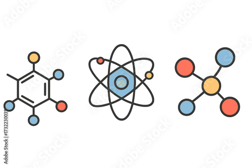 Set of science icons. Atom, molecule, and chemical compound symbols. Flat vector illustration for chemistry, physics, and education. Nuclear, particle, and research concepts.