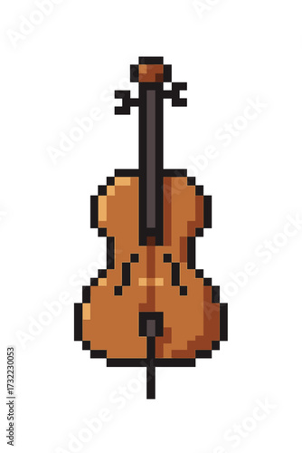 Cello pixel art vector illustration. 8-bit retro style string instrument icon. Double bass or contrabass graphic for video game asset. Classical music, orchestra symbol.