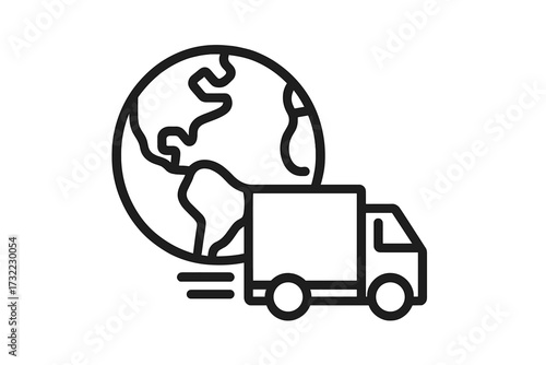 Global shipping and worldwide delivery service icon. International freight transport and logistics concept. Fast cargo truck with globe symbol for web and apps. Vector line art.