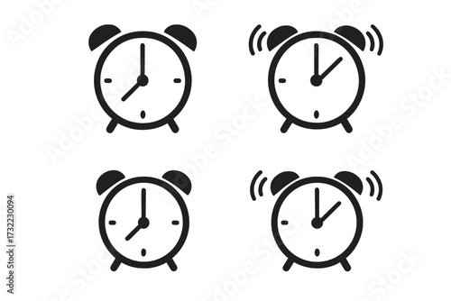 Alarm clock icon set. Simple flat vector illustration. Wake up, morning time, and deadline concept. Ringing and silent clock symbols for web, apps, and graphic design.