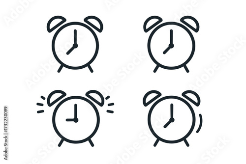 Alarm clock icon set. Simple line art pictogram collection. Time management, morning wake up, deadline and reminder concept. Ringing alert symbol. Vector illustration for web, app.