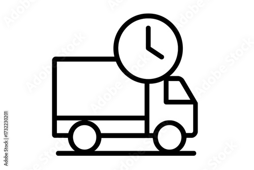 Delivery truck with clock line icon. Fast shipping service and on time delivery concept. Express logistics and transportation symbol. Timely cargo freight and urgent distribution.
