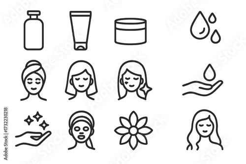 Skincare and beauty routine line icon set. Cosmetics, spa, and self-care symbols. Woman face, cream tube, lotion bottle, gel jar, sheet mask. Minimal vector pictogram.
