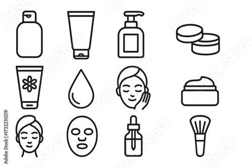 Skincare and beauty line icon set. Cosmetics, shampoo, gel, face mask, cream, serum. Minimal vector pictogram for web design, apps, spa, dermatology, wellness, self-care.