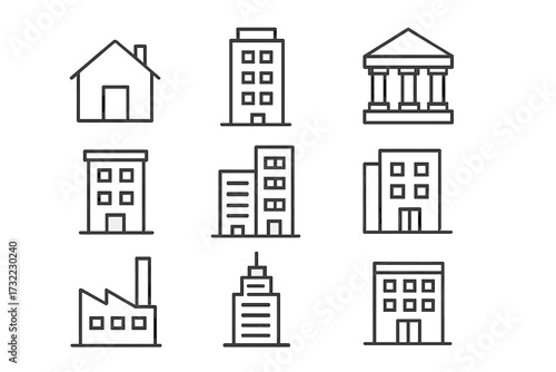 Building icon set. Real estate line icons. Architecture symbols. Vector house, office, bank, factory, skyscraper pictograms. Urban city construction. Minimalist outline design.