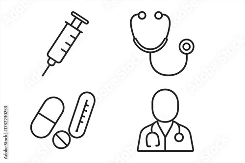 Medical and healthcare line icon set. Simple vector symbols of doctor, stethoscope, syringe, pills, and thermometer for web, app, and infographic design. Health concept.