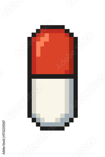 Pixel art pill icon vector. Red and white capsule medicine symbol for 8-bit game. Healthcare, pharmacy and medical drug concept. Retro vitamin or antibiotic illustration.