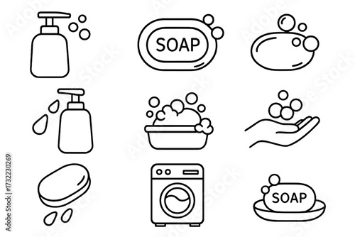Soap and washing line icons collection. Vector symbols for hygiene, cleaning, hand wash, laundry, disinfection. Minimalistic outline pictogram set for web and graphic design.