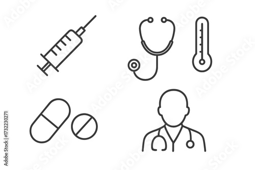 Medical line icon collection. Syringe, stethoscope, thermometer, pills, doctor avatar. Thin line vector icons for healthcare, clinic, hospital app, web design, infographic.
