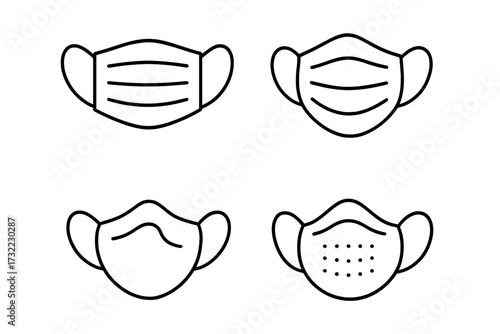 Medical face mask line icon set. Surgical mask and respirator for protection. Virus, pandemic, covid safety symbol. Hygiene, health care pictogram. Vector outline illustration.