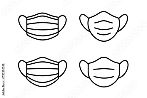 Medical face mask line icon set. Surgical mask outline vector sign. Health care virus protection symbol. Hygiene, safety, flu, dust, allergy prevention. Pandemic ppe equipment.
