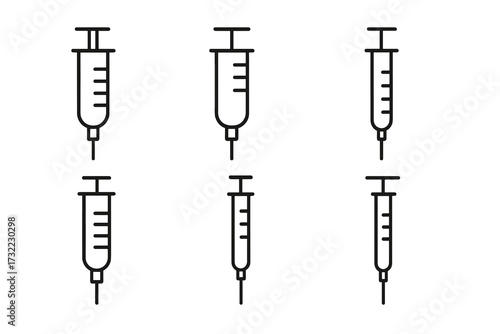 Syringe injection vaccine icon set. Medical line art. Health care concept. Vaccination, immunization, dose, shot. Medicine treatment. Drug, botox, beauty injection vector.