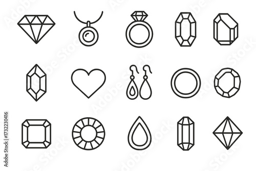 Jewelry line icon set. Thin outline vector symbols for jewellery. Diamond, engagement ring, earrings, gems, precious stones for web design, apps, logo, infographics.