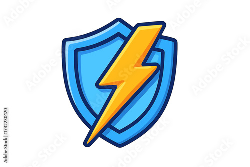 Lightning bolt and shield icon. Concept of protection, security and power. Vector logo for energy, safety, antivirus or fast charging app. Cartoon illustration isolated.