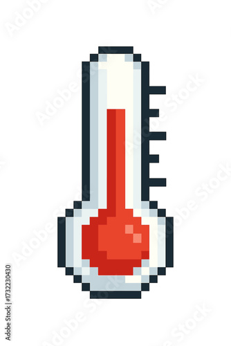 Thermometer pixel art icon. 8-bit video game sprite for temperature measurement. Weather forecast sign for hot or cold. Medical tool for fever. Retro style vector illustration.