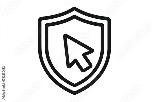 Shield with cursor icon. Safe click, web protection concept. Cybersecurity, internet security symbol. Antivirus software logo. Vector outline illustration for apps and web.