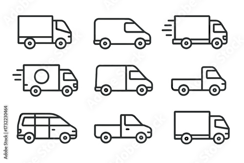 Delivery truck, van, and car thin line icon set. Vector collection of transport, logistics, and shipping vehicles. Editable stroke outline symbols for cargo and freight service.