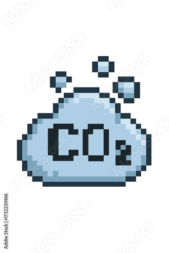 CO2 emission pixel art icon. Carbon dioxide cloud symbol. Climate change and global warming concept. Air pollution vector illustration. 8-bit retro game style ecology sign.