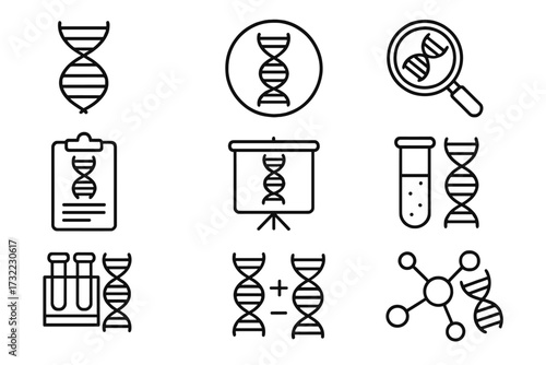 DNA and genetics line icon set. Gene, chromosome, molecule science symbols. Vector biology, chemistry research, and lab test pictograms. Editable stroke for web, UI, apps.
