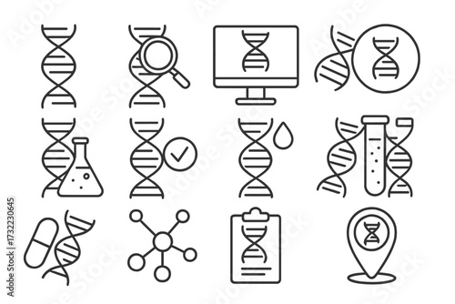 DNA and genetics research line icon set. Gene engineering, biotechnology, and lab testing concepts. Editable stroke vector icons for science, medicine, and technology UI design.