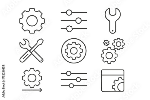 Settings line icon set. Gear mechanism, configuration options, and system setup vector icons. Tools for repair, maintenance, and development. Editable stroke for web and app UI.