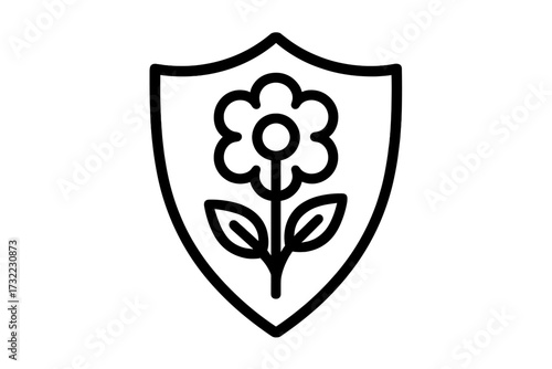 Nature protection concept icon. Flower in a shield symbol. Growth and security metaphor. Eco friendly, organic, and natural conservation emblem. Vector outline logo design.