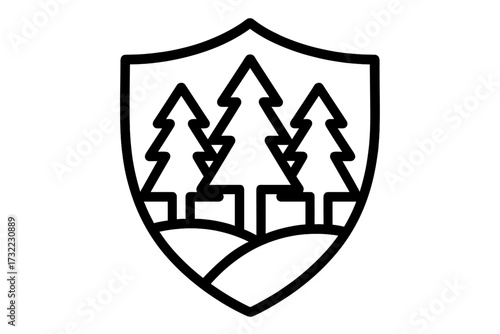 Forest protection shield icon. Nature conservation and environmental security symbol. Pine tree woods in an emblem. Vector line art logo for ecology or national park.