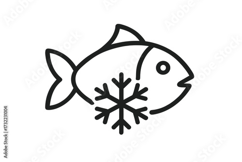 Frozen fish icon linear symbol. Seafood product pictogram for packaging, mobile app, web design. Fresh fish with snowflake sign. Food storage concept. Cold temperature logo.
