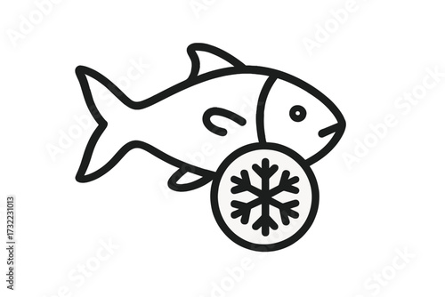 Frozen fish vector line icon. Seafood freezing, refrigeration and storage concept. Fresh fish with snowflake symbol for food packaging, grocery label, supermarket menu or delivery.