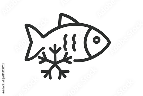 Frozen fish linear icon. Seafood product symbol for market or grocery. Fresh frozen food for restaurant menu. Snowflake sign for freezing. Outline fishery pictogram concept.