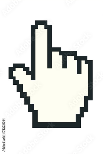 Pixel hand cursor pointer icon. Retro 8-bit computer mouse symbol for clicking, navigation and selection. Vintage digital graphic user interface element for web design.