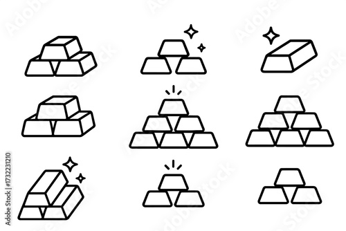 Gold bars line icon set. Bullion, ingot stack, and pyramid collection. Vector symbols for finance, banking, and investment. Concept of wealth, treasure, and success. Editable stroke.