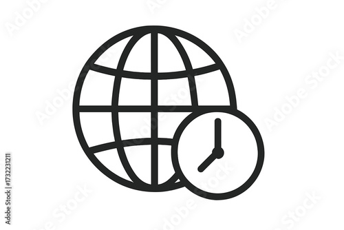 World time icon. Global time zone concept. Clock and globe symbol. International business, deadline, and schedule metaphor. Vector line art illustration for web design, apps.