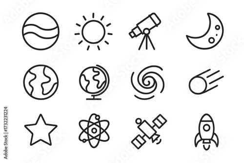 Vector pack of cosmos related line icons. Planet, sun, moon, earth, telescope, galaxy, comet, star, atom, satellite, rocket outline signs for graphic and web design, apps.
